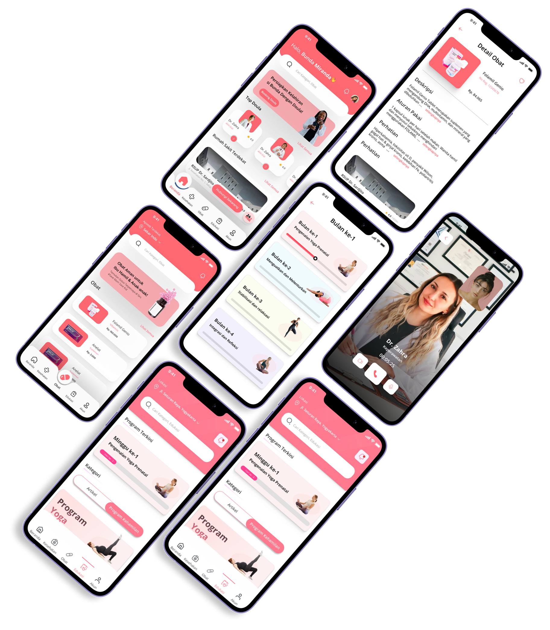 Rangkaian tampilan lengkap aplikasi Momsie — dashboard pengguna, program yoga prenatal, konsultasi video dengan dokter, pemesanan obat, dan monitoring kehamilan